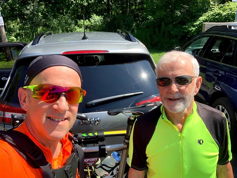 0507sfthtimdickconnery Tim (left) and Dick Connery in 2019, upon completing their first bike ride together after Tim's stroke. (Photo courtesy of Tim Connery)