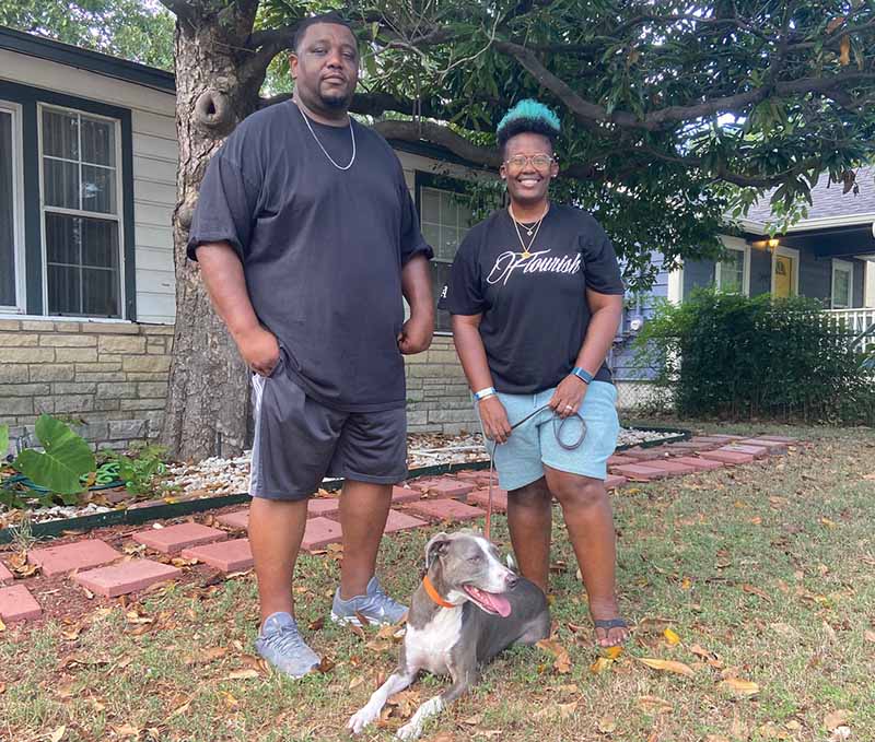 Patrick Wright (left) with his wife, Michelle Ates, and their rescue dog, Kiki Falana. (Photo courtesy of Patrick Wright)