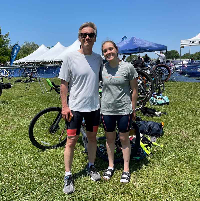 Anna emerging from the water following a 1.2-mile swim at the start of the Ironman 70.3 Ohio in July. (Photo courtesy of the Volpp family)