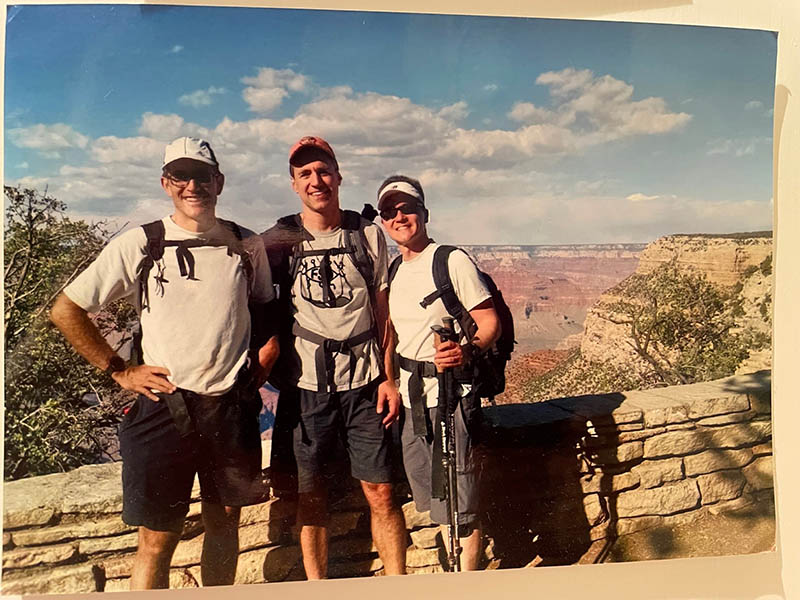 Kevin (right) with Eric Davis (far left) and Randy Paynter (middle) after a rim-to-rim hike of the Grand Canyon in 2015. The same trio planned to hike rim-to-rim-to-rim in May 2020. (Photo courtesy of the Volpp family)