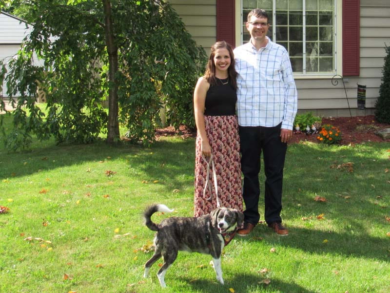 Heart failure survivor Jeff Russ (right) with his wife, Christina, and dog, Lacey. (Photo courtesy of the Russes)