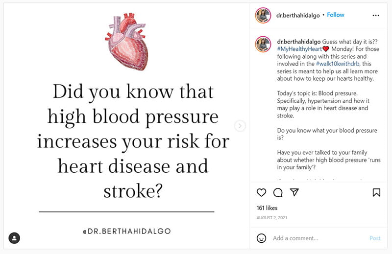 Bertha Hidalgo posts regularly on Instagram about heart disease and stroke.