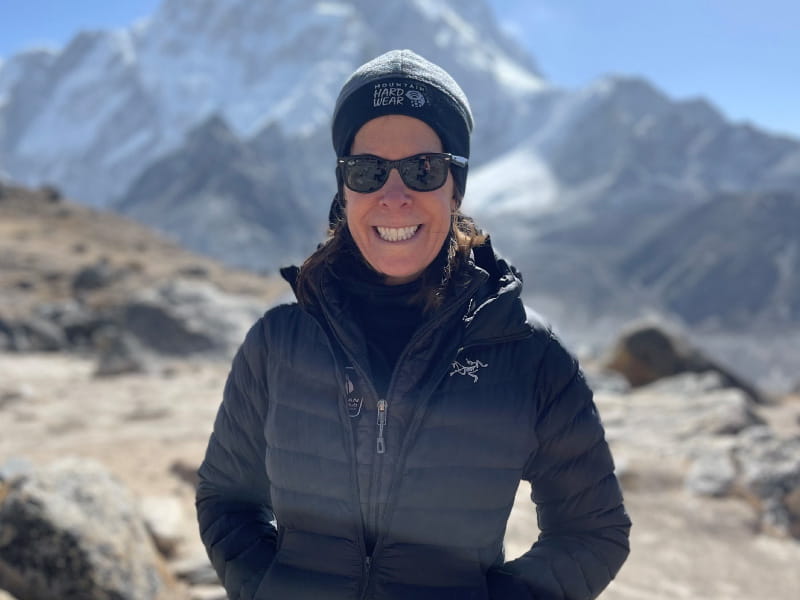 Lisa Abbott at the base of Mount Everest. (Photo courtesy of Lisa Abbott)