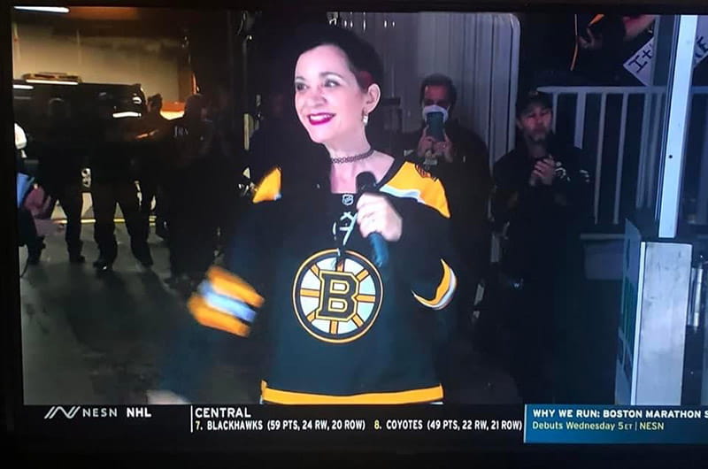 Valerie Giglio at the televised Boston Bruins NHL game where she performed the national anthem. (Photo courtesy of Valerie Giglio)