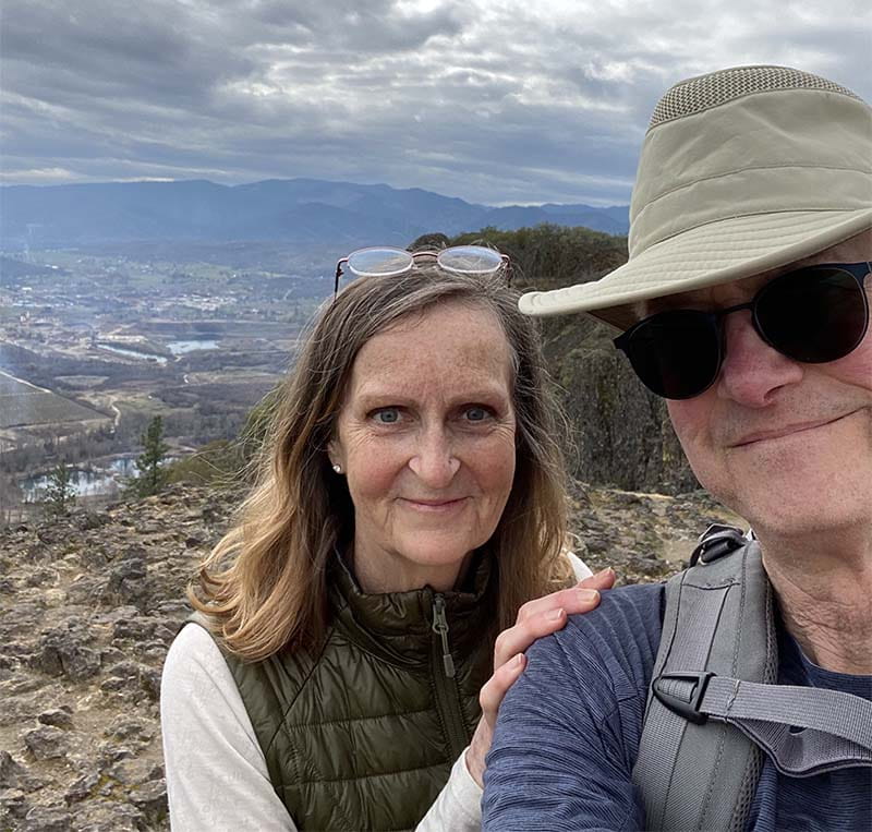 Beth Bonness (left) with her husband, Jeff McCaffrey, at the Table Rocks in Oregon. (Photo courtesy of Beth Bonness)