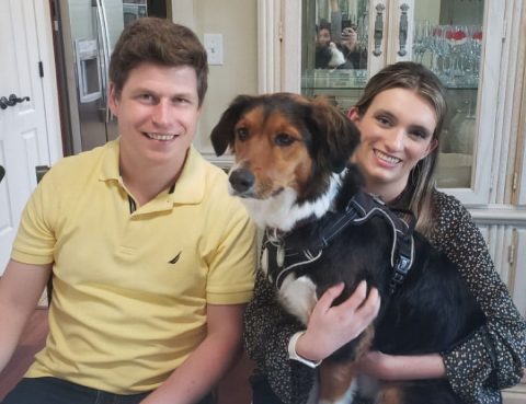Cardiac arrest survivor Ken Walsh (left) with his wife, Nicole, and dog, Indiana. (Photo courtesy of the Walsh family)
