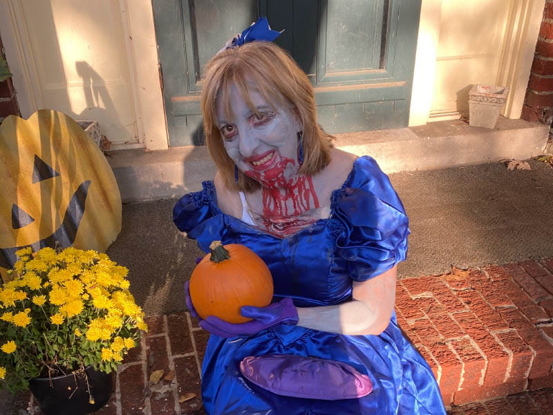 Cardiac arrest survivor Sarah Katzenmaier in the zombie costume she was wearing the day she collapsed in a parade at her city's annual Halloween