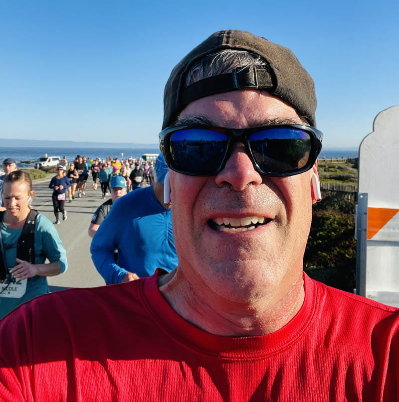 Michael Heilemann snapped a selfie during the race before he collapsed. The red shirt he's wearing is from the Monterey Bay Half Marathon he ran in 2013. (Photo courtesy of Michael Heilemann)
