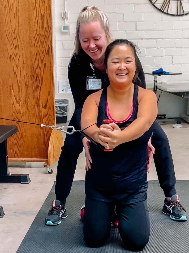 Amanda Porter (front) in physical therapy with her therapist, Jan Bonner. (Photo courtesy of Amanda Porter)