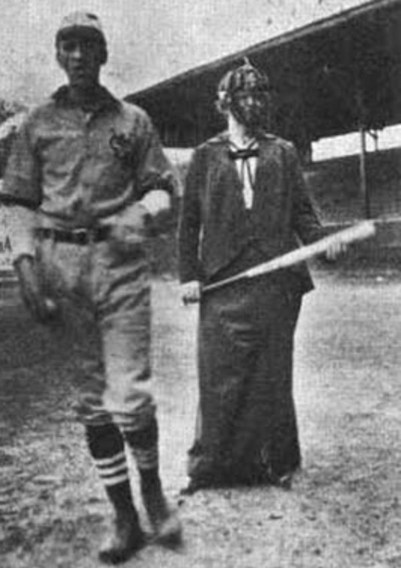 Jessamine Whitney (right) was invited to be an umpire in a 1914 charity baseball game. Standing next to her is player Pat Witherbee. (via The Survey: Social, Charitable, Civic: A Journal Of Constructive Philanthropy, Vol. 32)