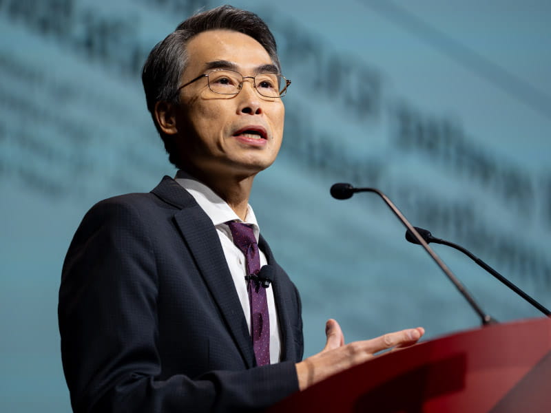 Dr. Joseph Wu giving his Presidential Address at the American Heart Association's Scientific Sessions on Sunday at the Philadelphia Convention Center. (Photo by American Heart Association/Zach Boyden-Holmes)