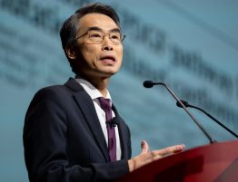 Dr. Joseph Wu giving his Presidential Address at the American Heart Association's Scientific Sessions on Sunday at the Philadelphia Convention Center. (Photo by American Heart Association/Zach Boyden-Holmes)